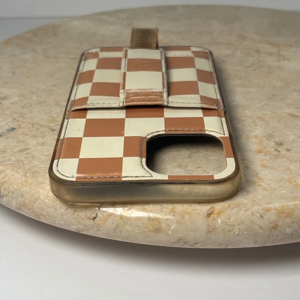 Walli iPhone‎ 12 Pro Max Case Tan Cream Checkered Strap Card Slot